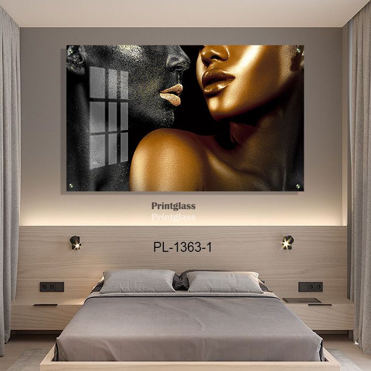 תמונת זכוכית לחדר שינה גבר בשחור אישה בזהב תמונה רומנטית לחדר שינה
