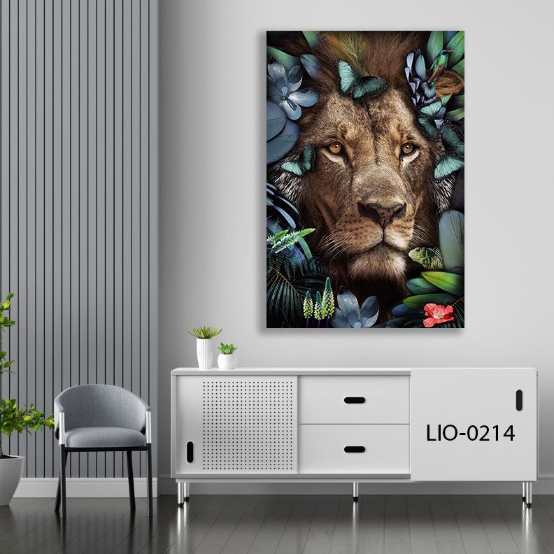 תמונת זכוכית למשרד של אריה בפרחים