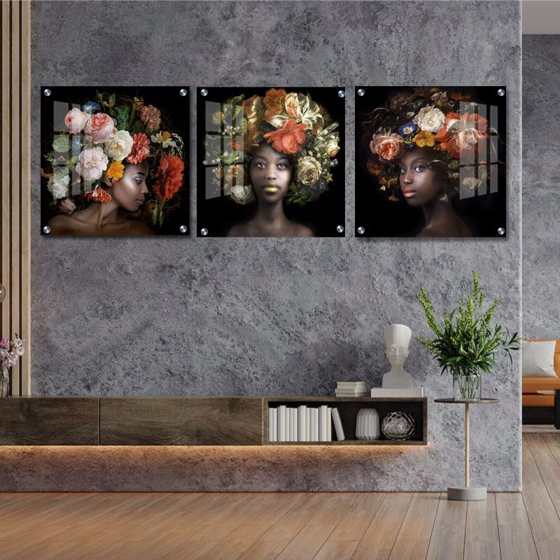 סט שלישיית תמונות על זכוכית לסלון או למשרד של אפרקאיות פרחוניות