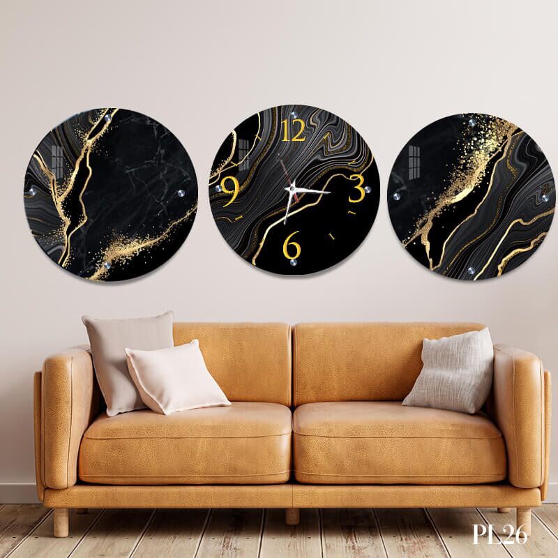 שעון לסלון לקיר מזכוכית ברקע שחור זהב