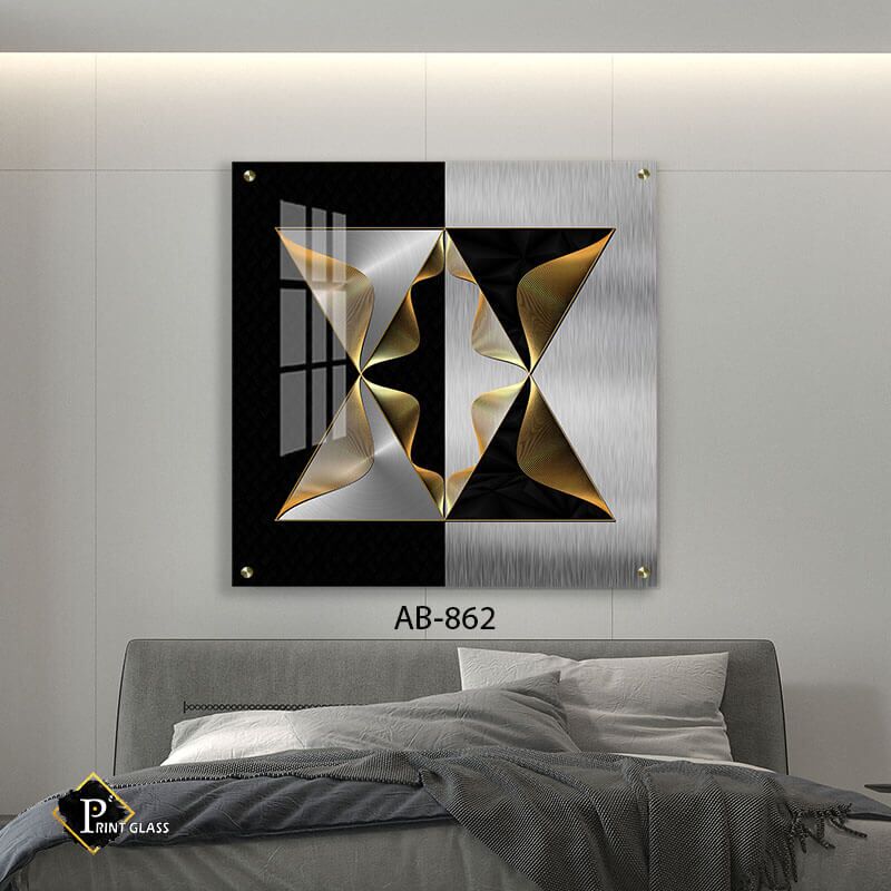 גאומטרי זהב כסף שחור - תמונת זכוכית מרובעת לסלון או לפינת אוכל