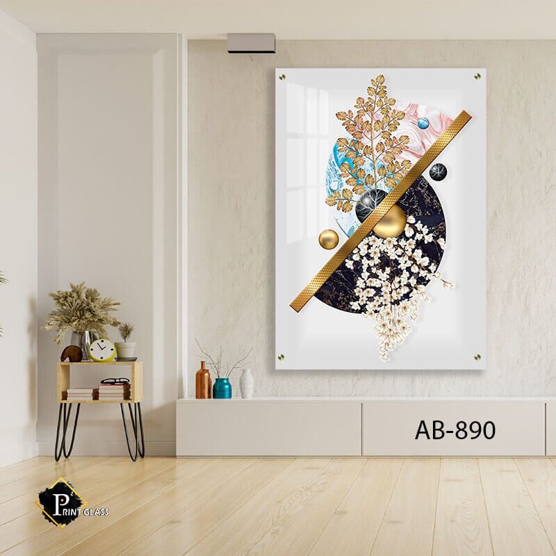 גאומטרי עם פרחים - תמונת זכוכית לסלון או לפינת אוכל