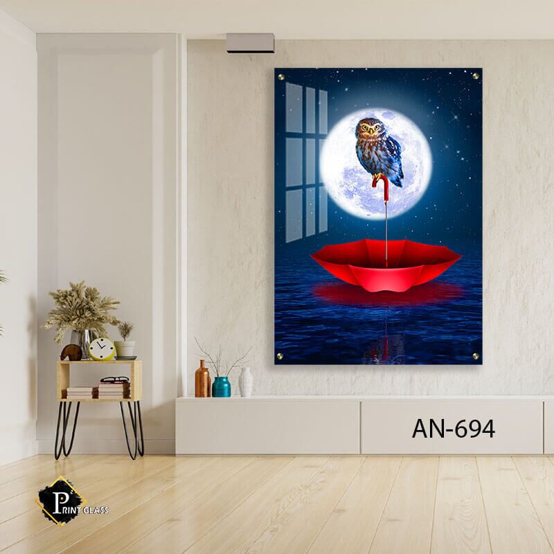 ינשוף על מטריה - תמונת זכוכית למשרד