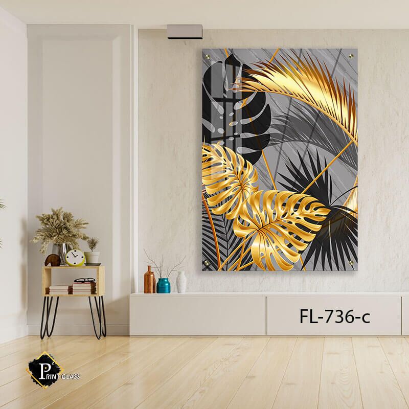 עלים אפור זהב - תמונת זכוכית לסלון או לפינת אוכל