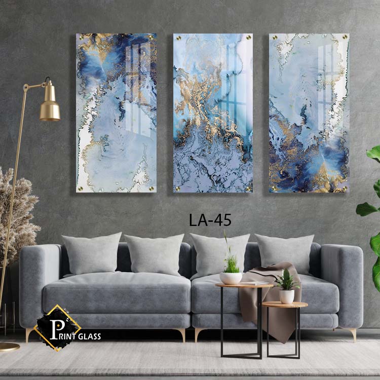 אבסטרקט כחלחל זהב - תמונות זכוכית מחולקות לסלון או לפינת האוכל