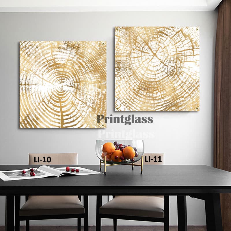 זוג תמונות מחולקות לסלון או לפינת אוכל מזכוכית אבסטרקט דמוי גזע עץ