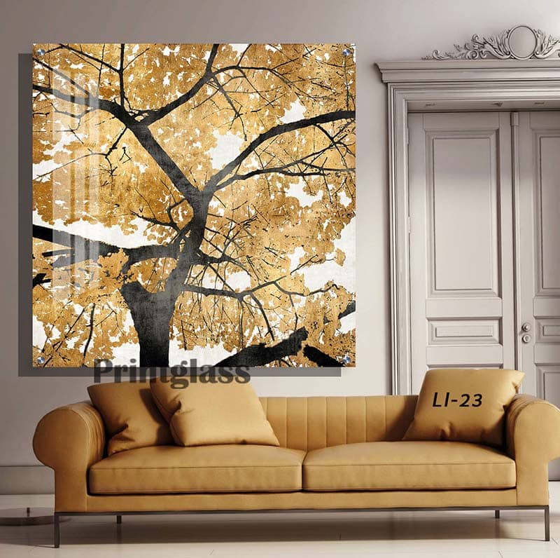 תמונה לפינת אוכל או לסלון מזכוכית של עץ זהב מצוייר