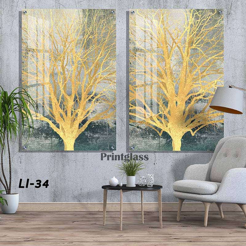זוג תמונות לסלון או לפינת אוכל מזכוכית של עצים מזהב