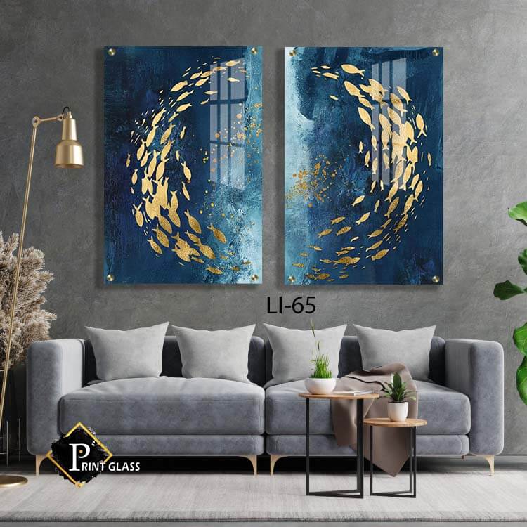 דגי זהב ברקע כחול ים - זוג תמונות זכוכית לסלון או לחדר שינה