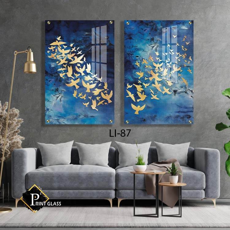 ציפורים זהב ברקע כחול ים - זוג תמונות זכוכית לסלון או לחדר שינה