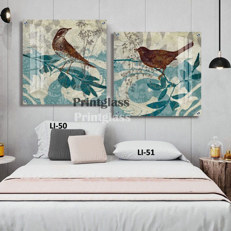 זוג תמונות לסלון או לפינת אוכל מזכוכית ציפורים על ענף
