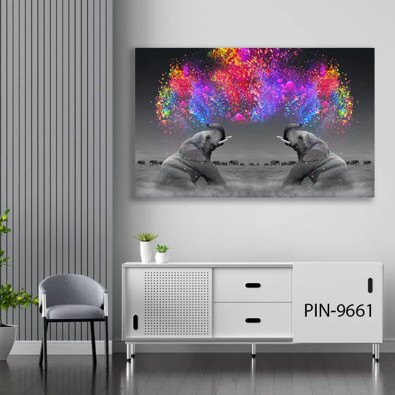 תמונת זכוכית לסלון או לחדר שינה של פיל מזרקת צבעים