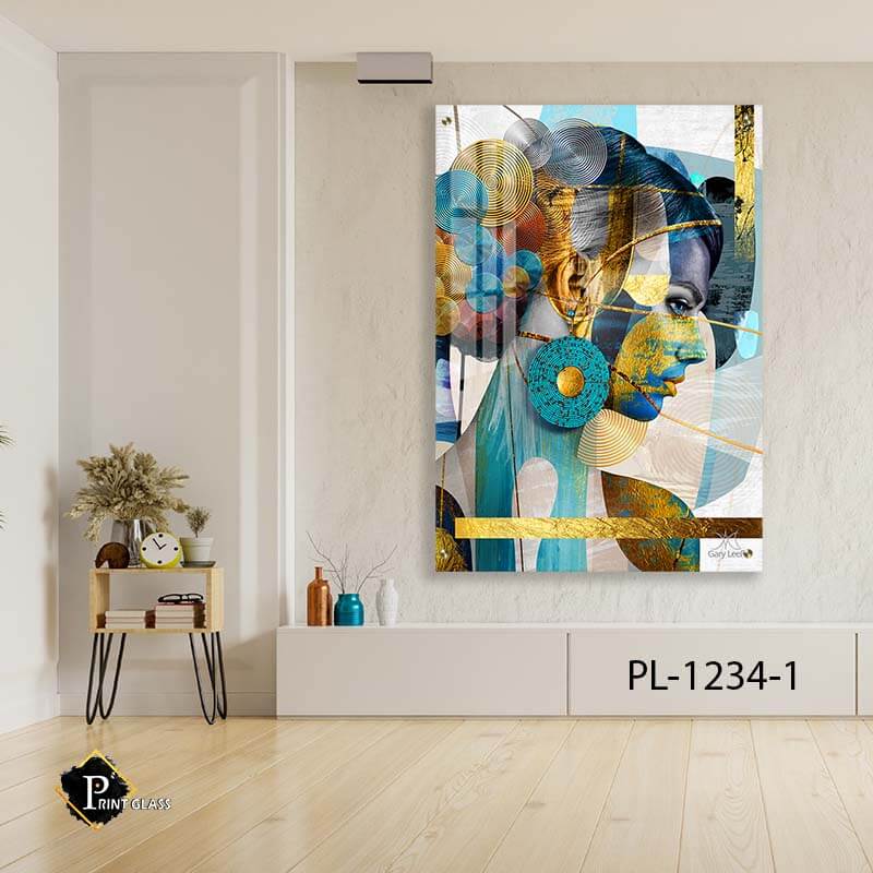 אישה בצורות טורקיז וזהב - תמונת זכוכית לסלון