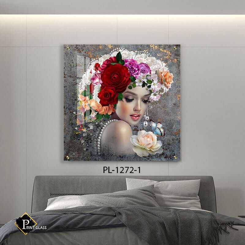 אישה עם פרחים אדומים - תמונת זכוכית מרובעת לסלון או לפינת האוכל