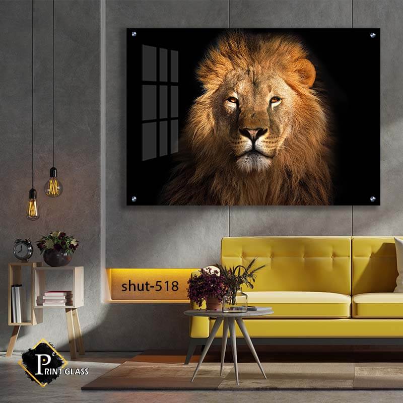 תמונה לסלון מזכוכית של ראש אריה רקע שחור