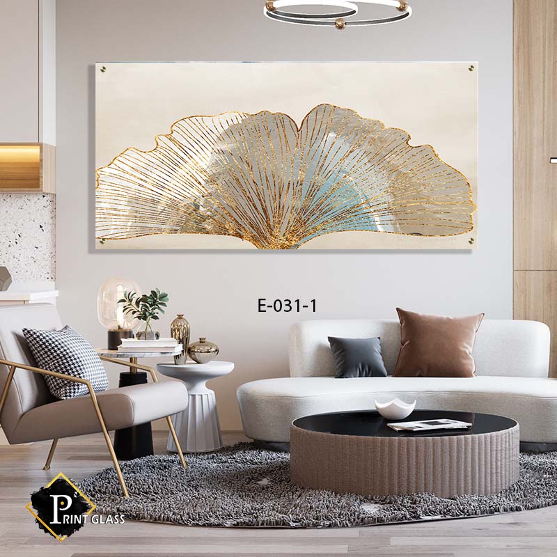 תמונה לסלון פנורמית מזכוכית של צדפה מזהב