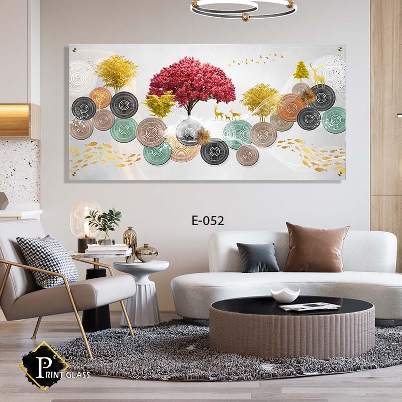 תמונה לסלון פנורמית מזכוכית של יער עיגולים עם איילים מזהב