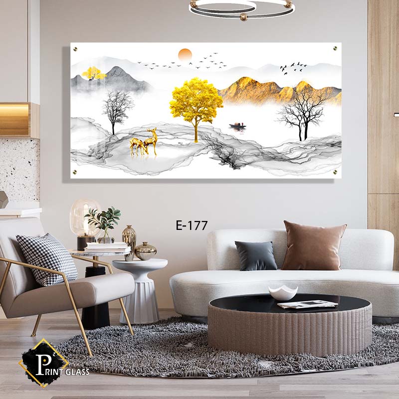 תמונה לסלון פנורמית מזכוכית של איילים מזהב ביער רקע לבן