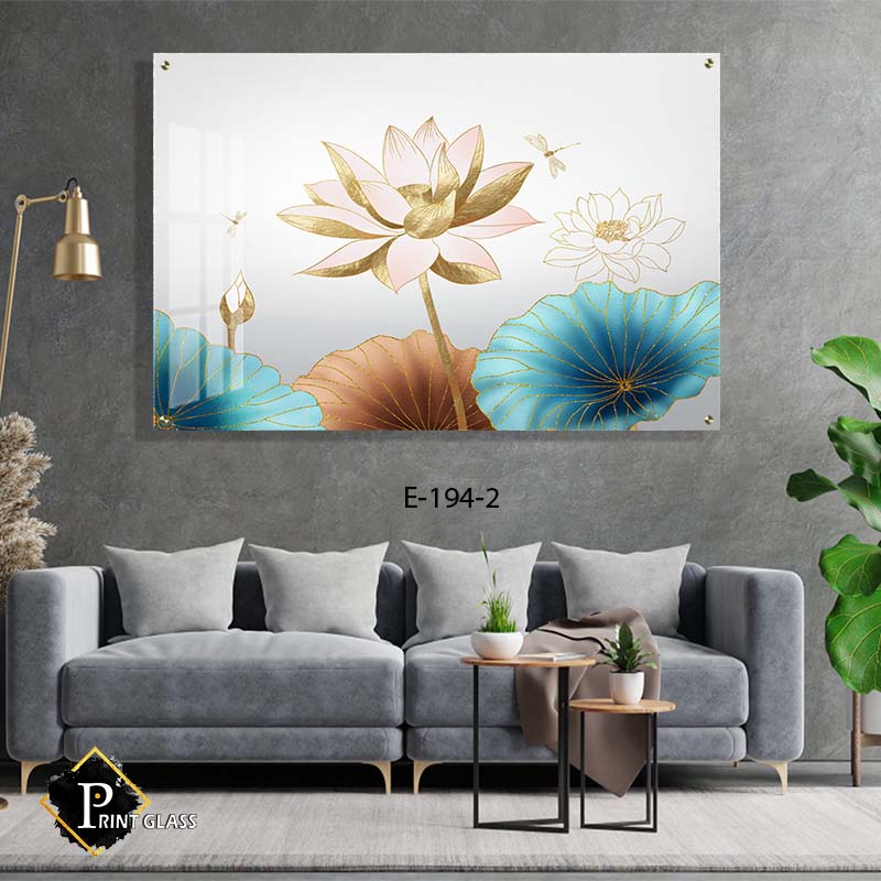 תמונה לסלון מזכוכית של פרחים מצויירים כחול זהב