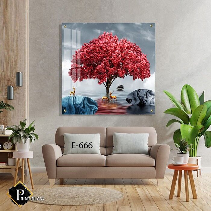 תמונת זכוכית ללובי בית מלון או לחדר שינה של עץ אדום באגם