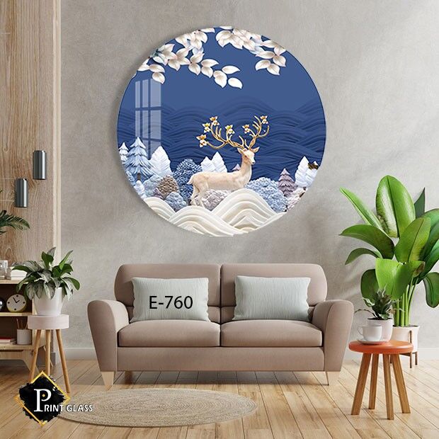 תמונת זכוכית עגולה איילים רקע כחול