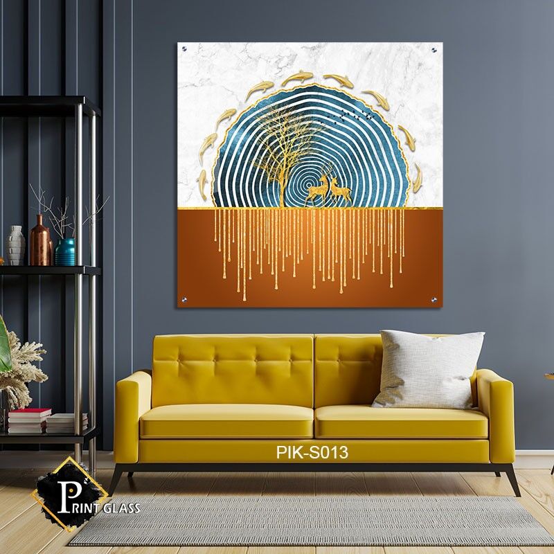 איילים ודגים מזהב - תמונת זכוכית מרובעת לסלון או לפינת האוכל