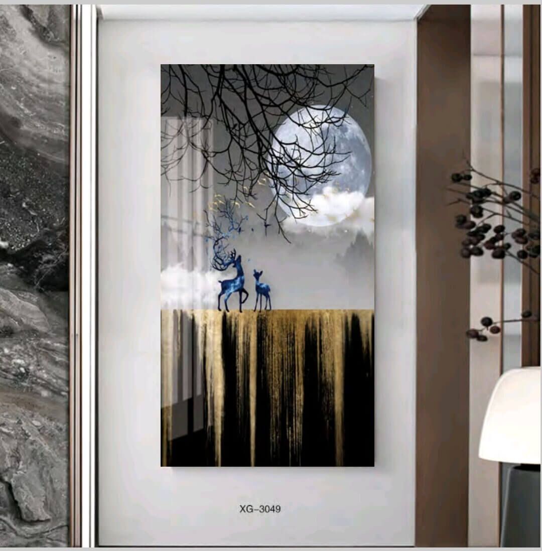 איילים כחולים על רקע ירח - תמונת זכוכית לסלון או לפינת האוכל