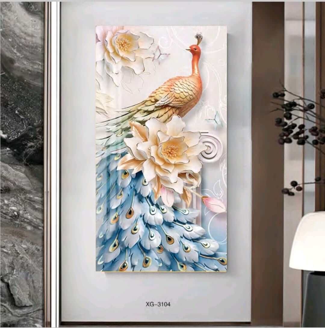 טווס צבעוני ומצוייר עם פרחים - תמונת זכוכית לסלון או לפינת האוכל