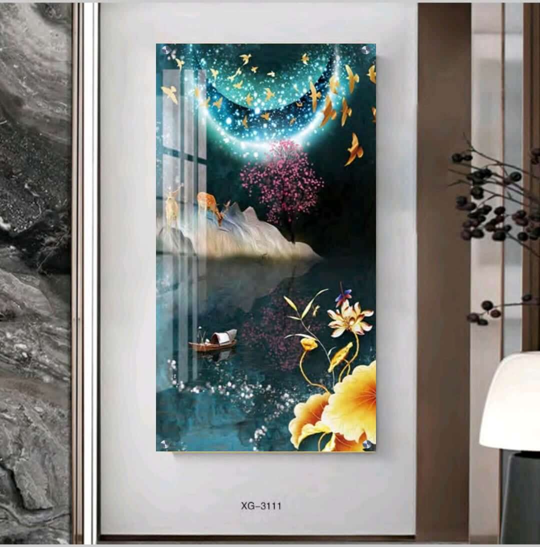 איילים באגם בלילה - תמונת זכוכית לסלון או לפינת האוכל