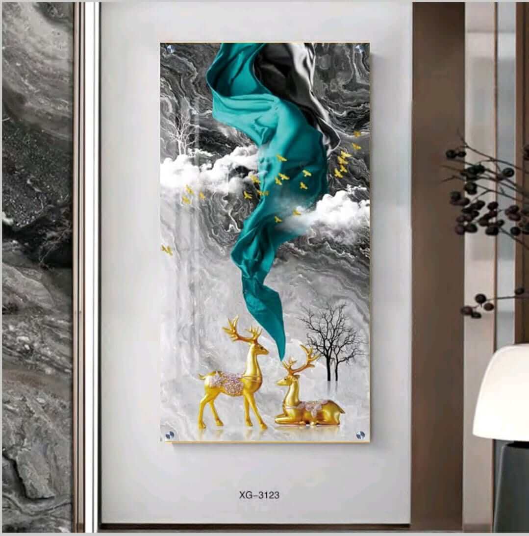 איילים זהב עם מטפחת כחולה - תמונת זכוכית לסלון או לפינת האוכל