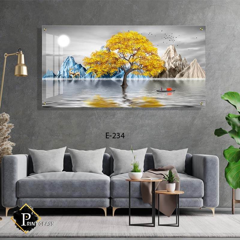 תמונות ללובי מזכוכית של איילים מזהב ועץ זהב באגם