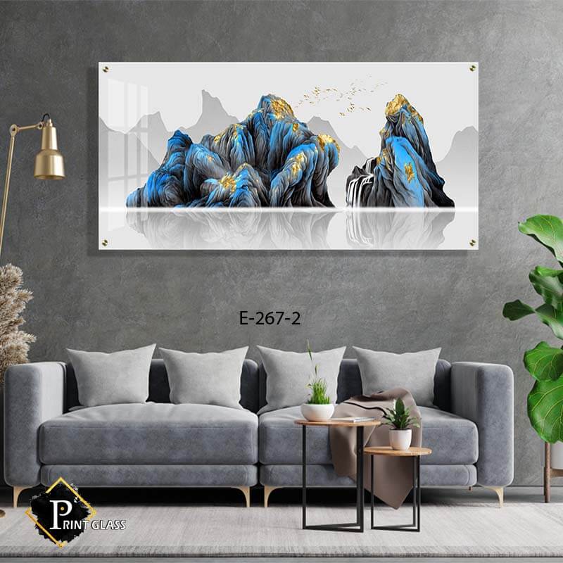 תמונות ללובי בניין - תמונה על זכוכית של הרים מצוירים באגם