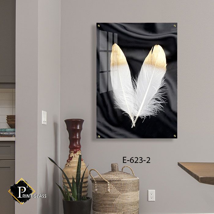 נוצות לבנות על רקע שחור - תמונה לסלון - תמונת זכוכית