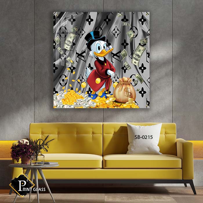 תמונת זכוכית מרובעת של דונלדאק עם דולרים בסגנון פופ ארט