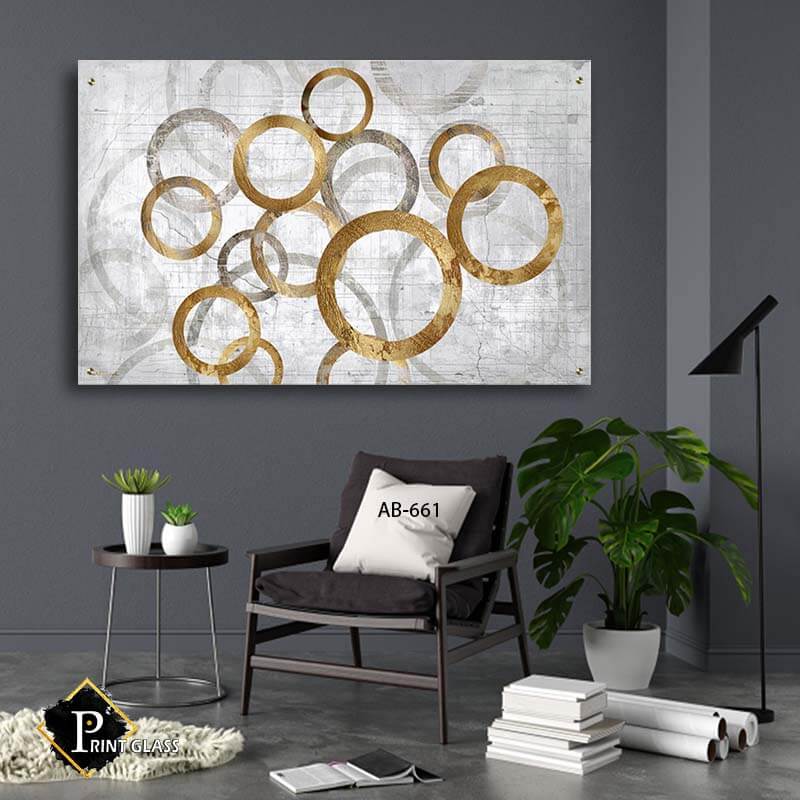 תמונת זכוכית לסלון של אבסטרקט עיגולי זהב