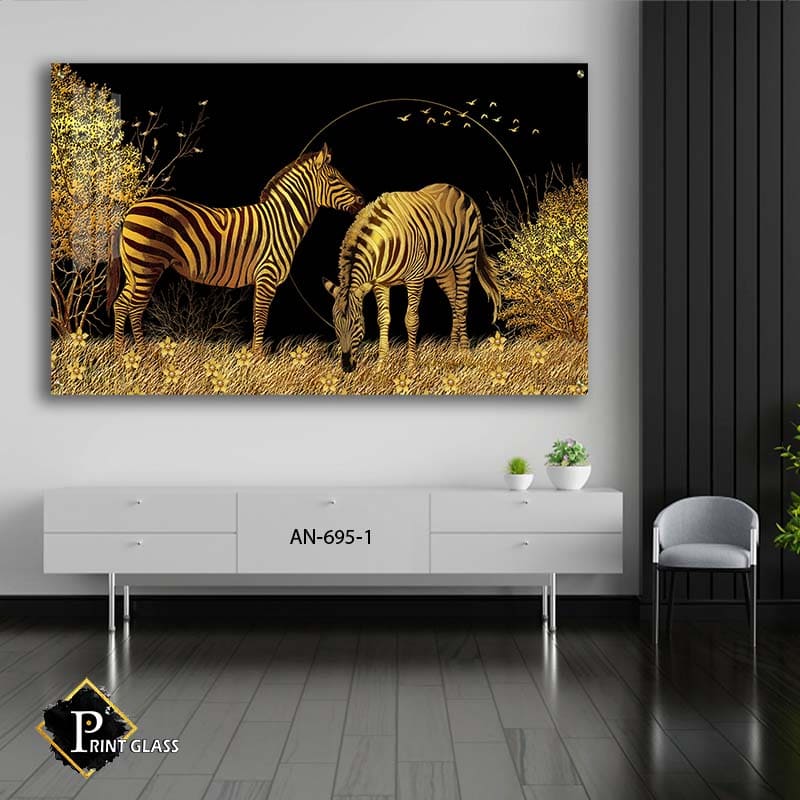 תמונת זכוכית לפינת אוכל של זברות בזהב בלילה