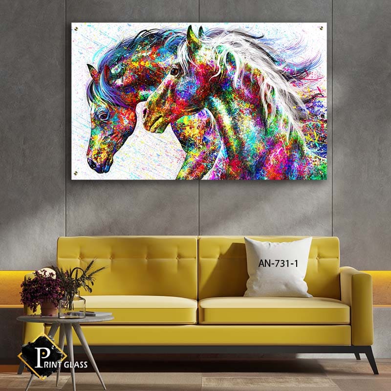 תמונת זכוכית לסלון של סוסים צבעוניים בסגנון פופ ארט