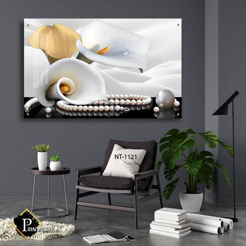 תמונת זכוכית לפינת האוכל של פרחים לבנים עם חרוזים