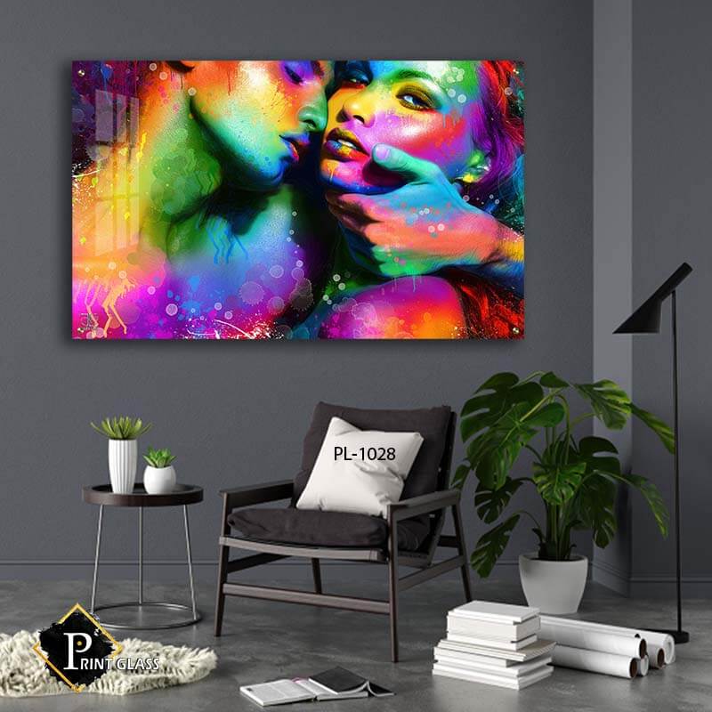 תמונת זכוכית לחדר שינה של זוג בסגנון פופ ארט צבעוני