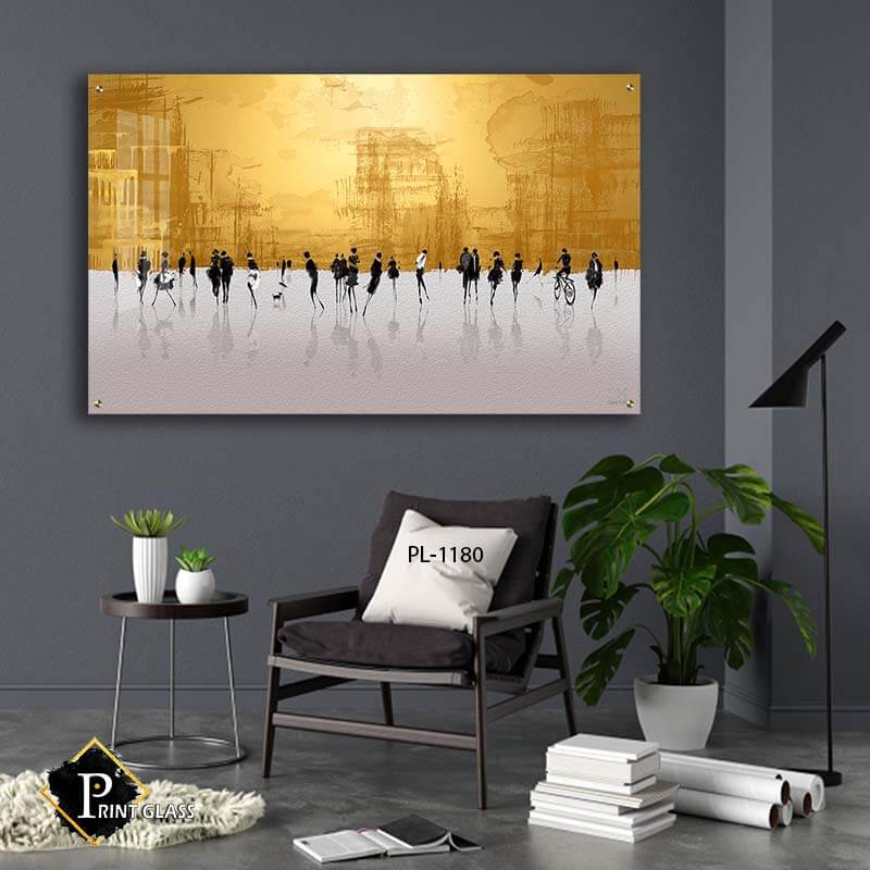 תמונת זכוכית לפינת האוכל של אנשים הולכים ברחוב רקע זהב