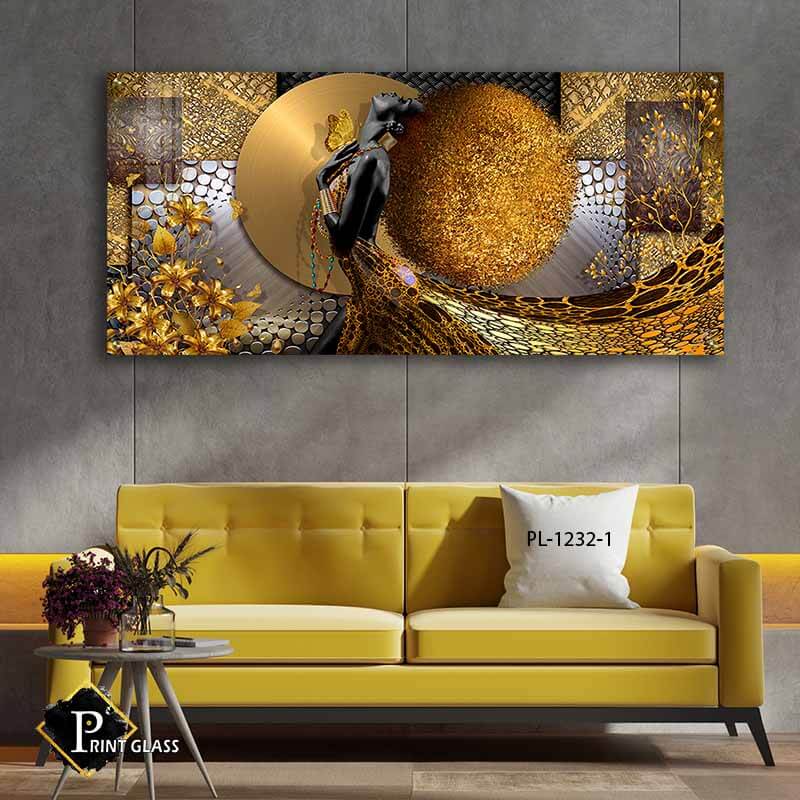 תמונת זכוכית לסלון של אפריקאית עם רקע מוזהב בסגנון אבסטרקט