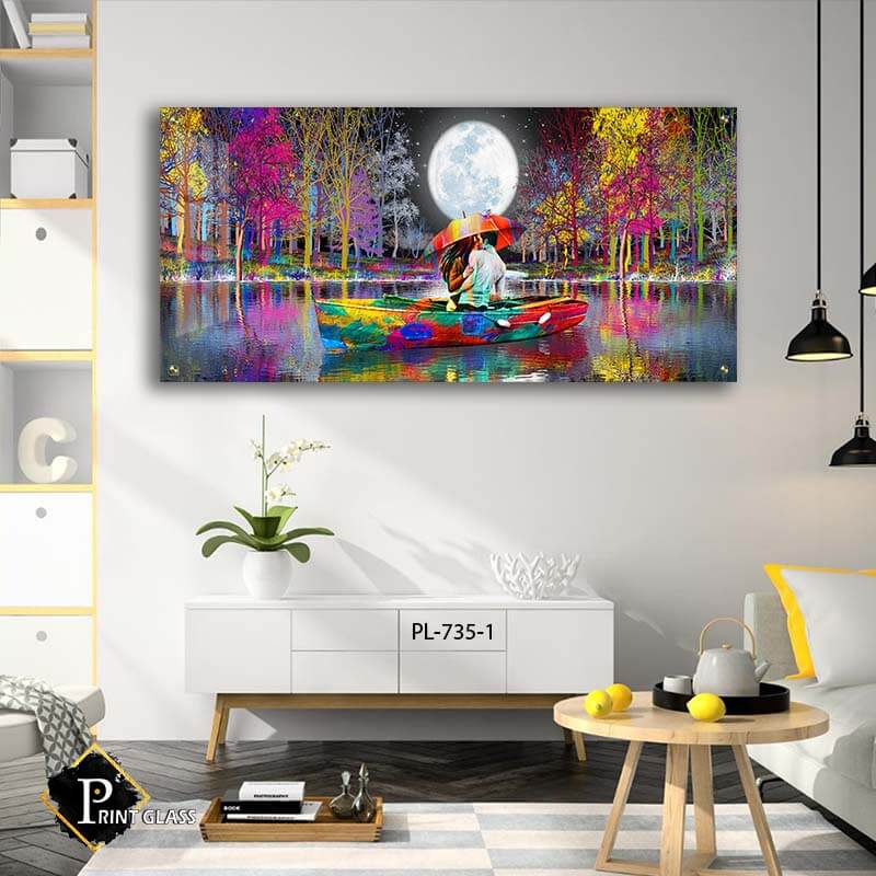 תמונת זכוכית לחדר שינה של נשיקה רומנטית באגם צבעוני בסגנון פופ ארט