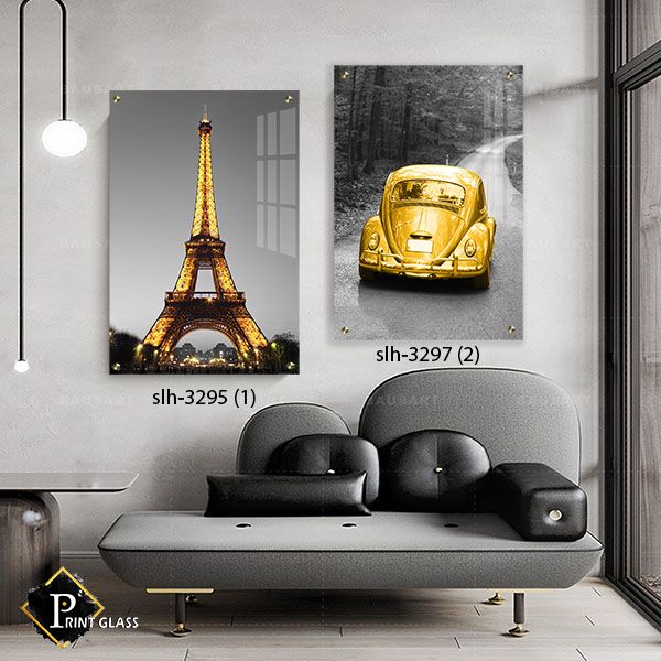 תמונות זכוכית לסלון של מגדל פריז ומכונית מזהב