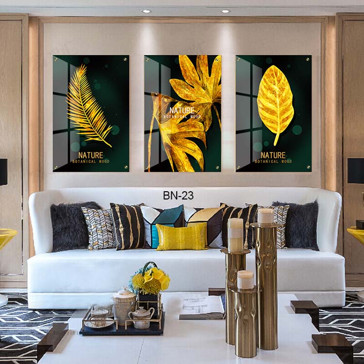 עלים זהב ברקע ירוק - תמונות על זכוכית לסלון או לפינת האוכל