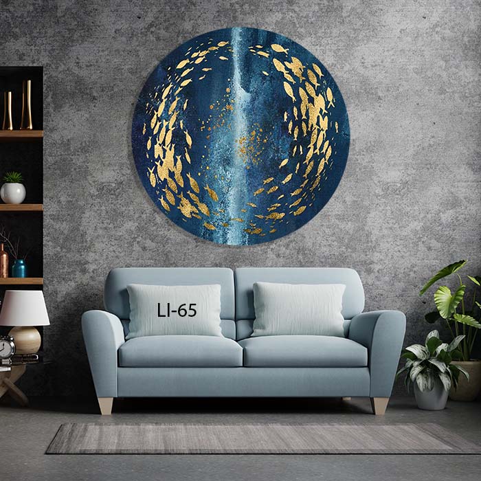 דגי זהב בים כחול עמוק - תמונת זכוכית עגולה לסלון