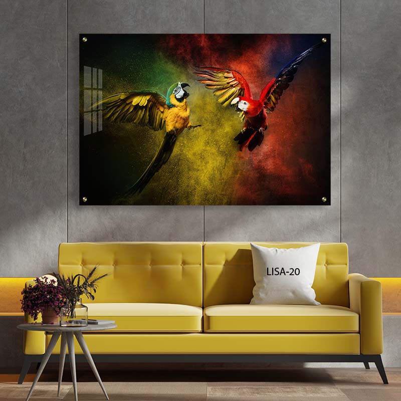 תוכים מפזרים צבע - תמונת זכוכית לחדר שינה או למשרד