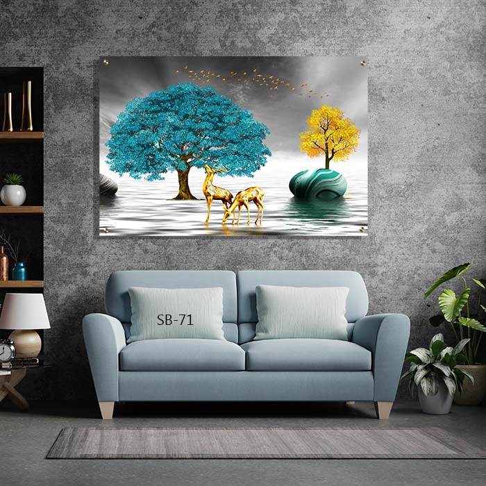 איילים בזהב באגם תמונת זכוכית לסלון