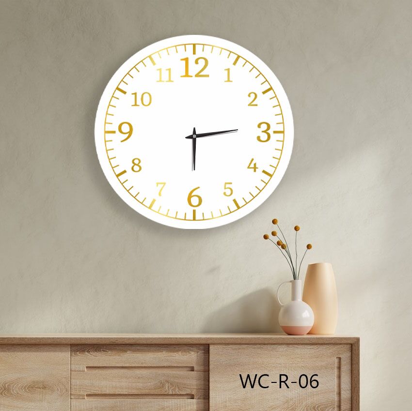 שעון קיר מיוחד לסלון מזכוכית עם רקע לבן זהב