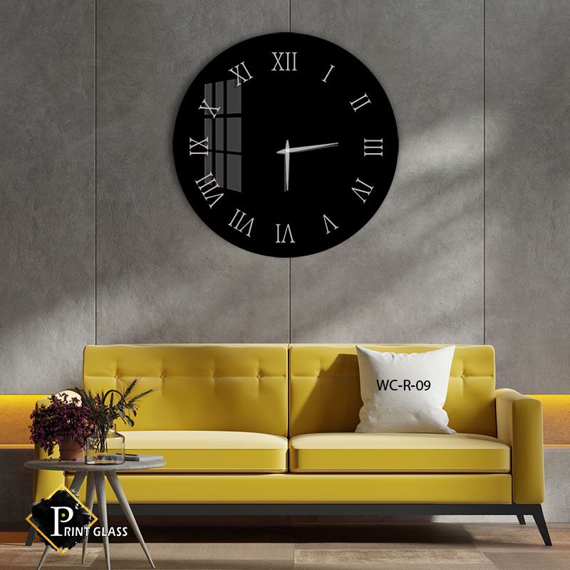 שעון קיר יוקרתי לסלון מזכוכית עם רקע שחור