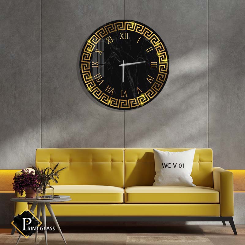 שעון קיר מיוחד לסלון מזכוכית עם רקע שחור ורסאצ'ה זהב
